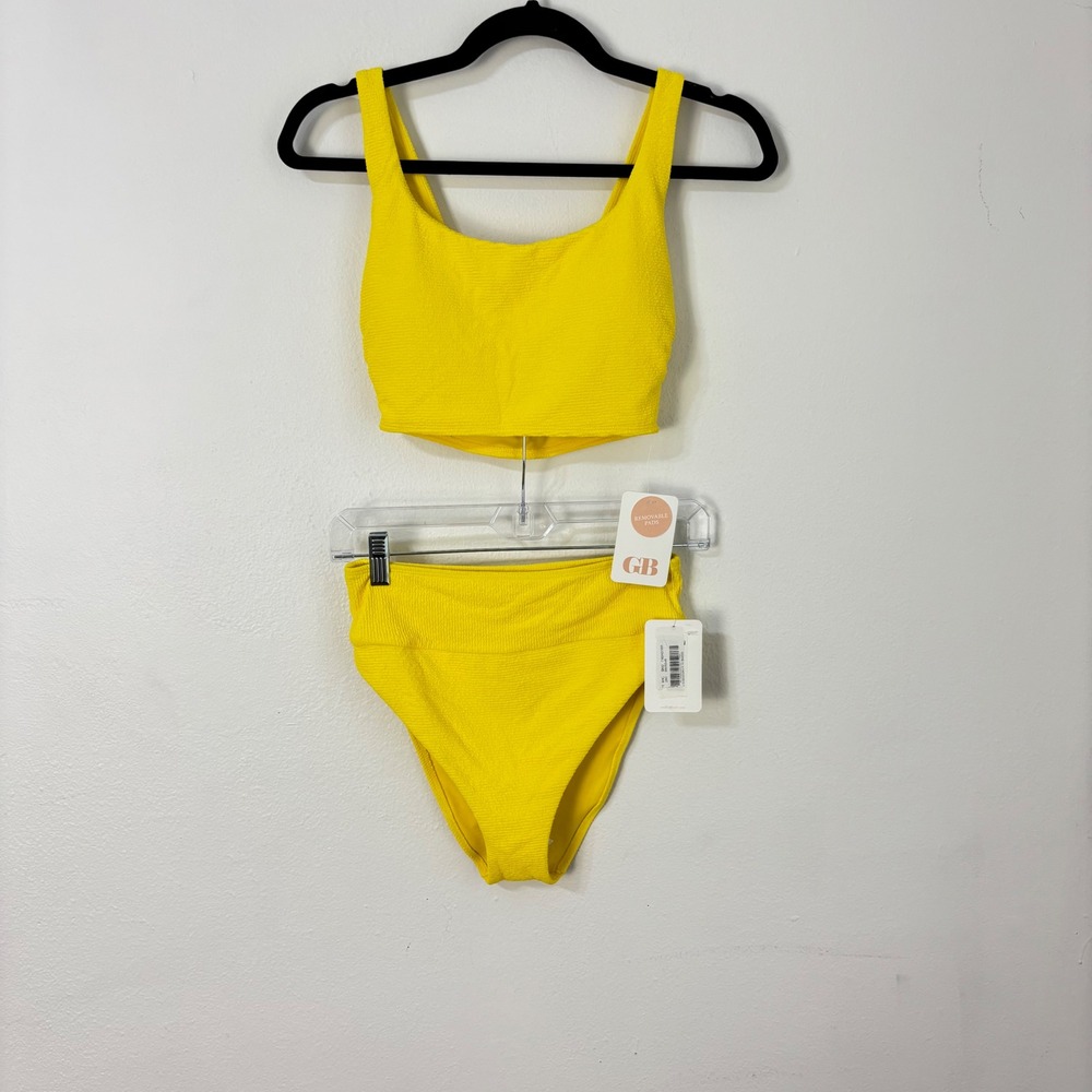 GB Bikini Set Retro Ribbed High Waist Swimsuit Yellow Women M
